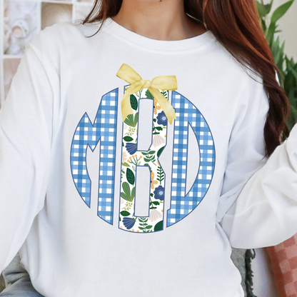 Blue & Green Floral Gingham - Custom Monogram Transfer