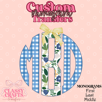 Blue & Green Floral Gingham - Custom Monogram Transfer