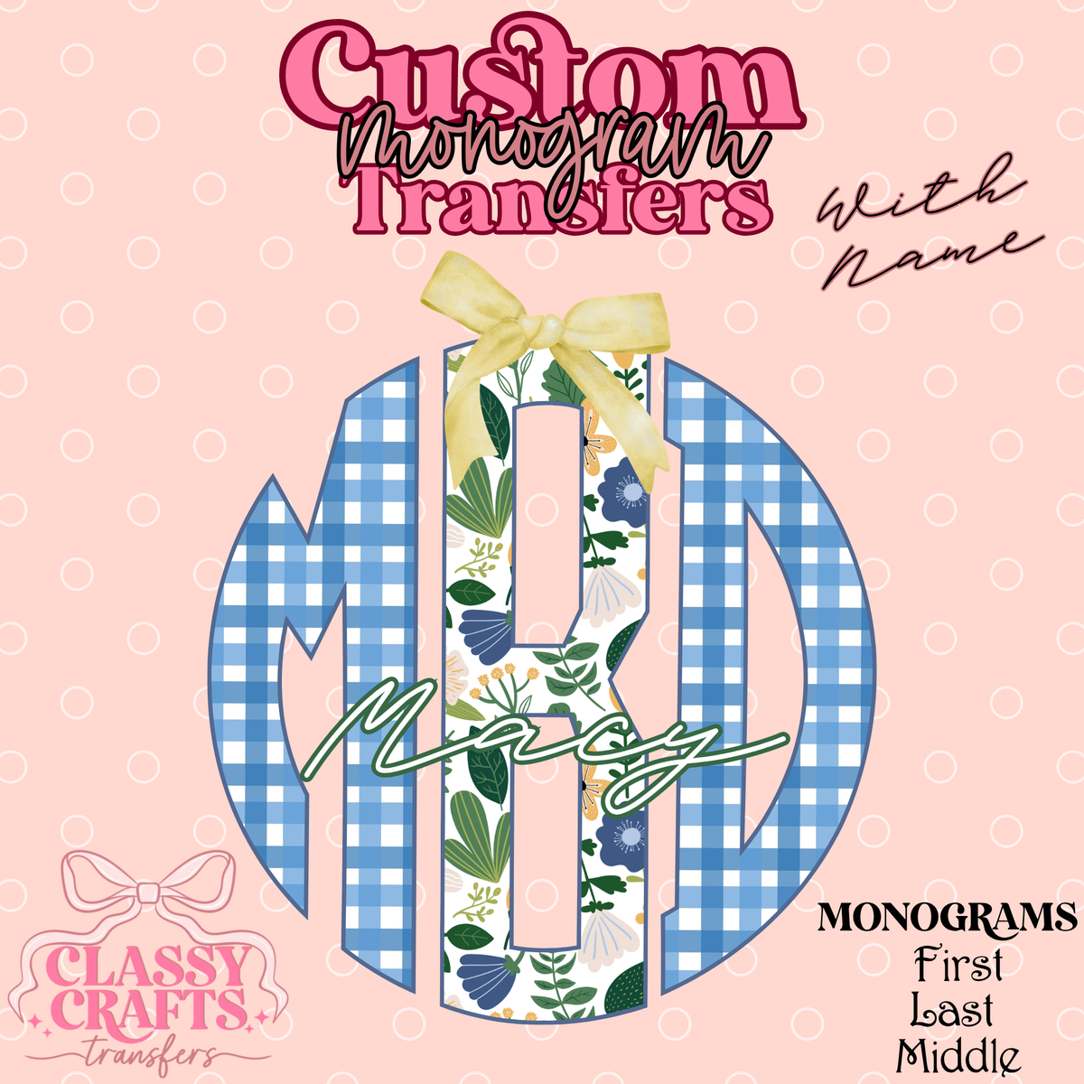 Blue & Green Floral Gingham - Custom Monogram Transfer