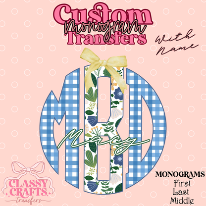 Blue & Green Floral Gingham - Custom Monogram Transfer