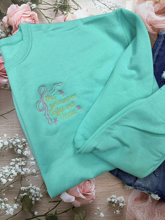 This Girl Runs On Coffee & Jesus Embroidered Tee