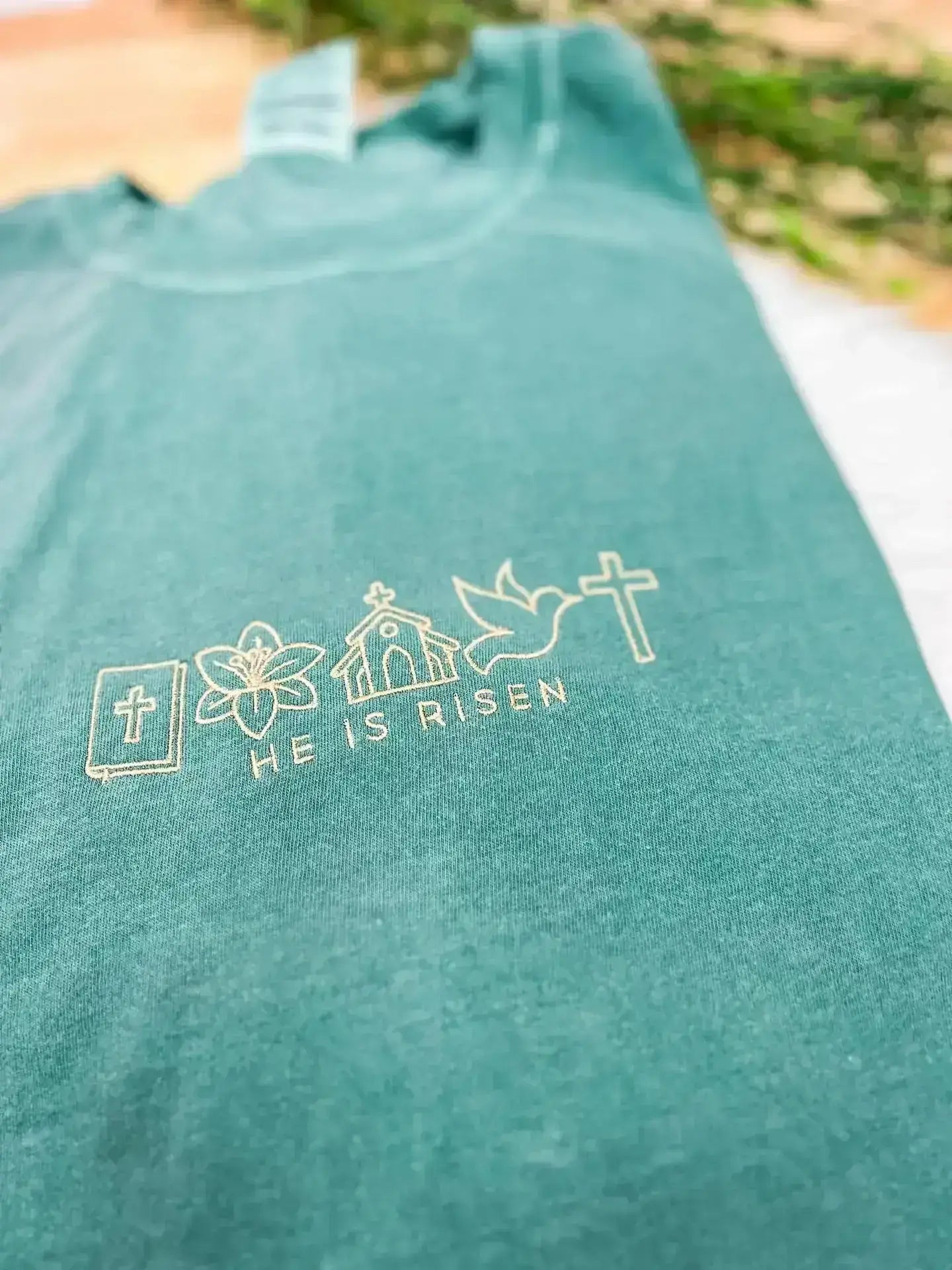 He Is Risen Embroidered Easter Tee