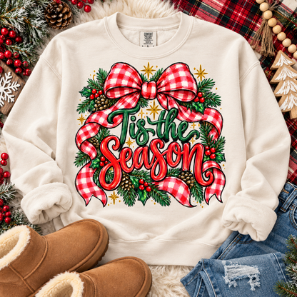 Tis The Season Red Buffalo Plaid Bow Holly Wreath (DTF)