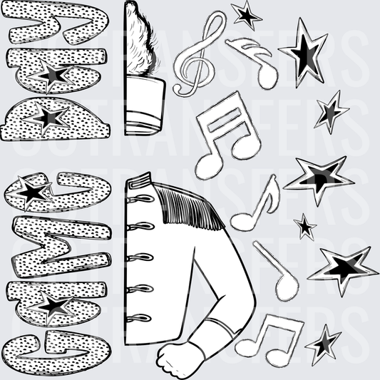 Black White Music Notes Stars Boots Gloves Sketch Elements (DTF)