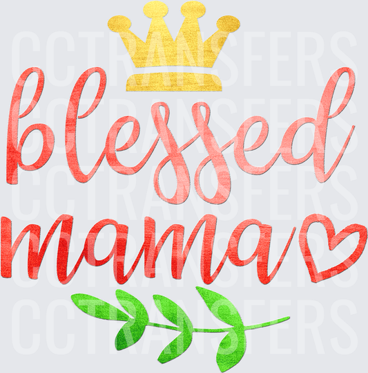 Blessed Mama Gold Crown Heart Leaf Script (DTF)