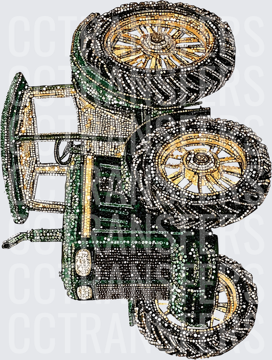 Green & Gold Rhinestone Farm Tractor Bling Art (DTF)