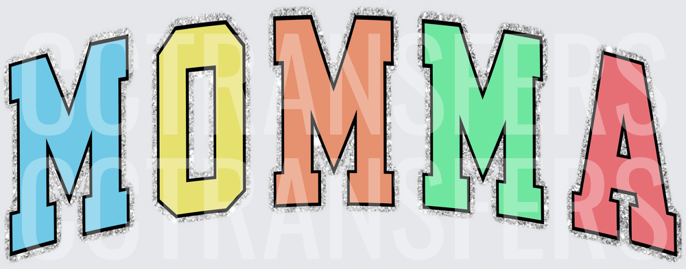 Momma Varsity Letter Pastel Glitter Block Text (DTF)