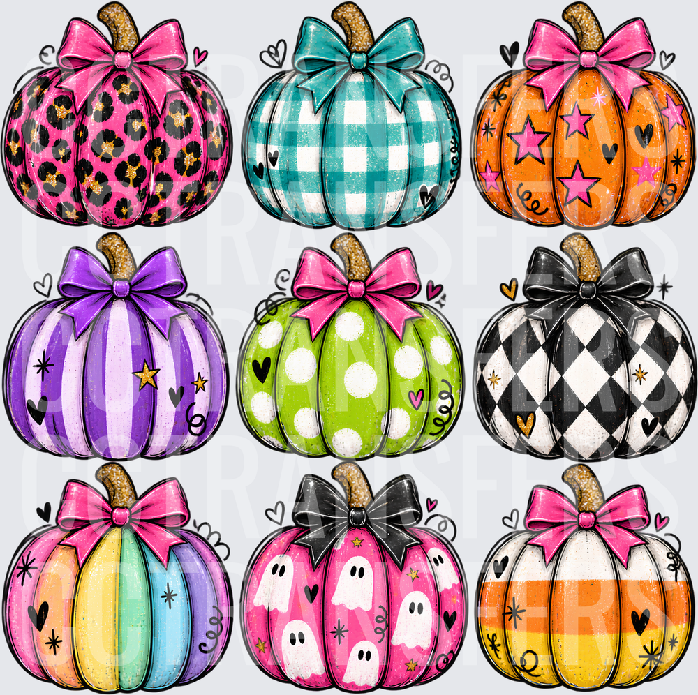 Colorful Patterned Pumpkins with Bows 9-Pack (DTF)