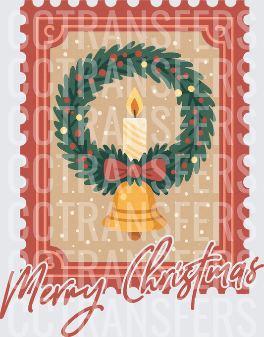 Merry Christmas Vintage Postage Stamp Wreath Candle Bell (DTF)