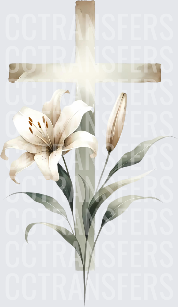 Watercolor Christian Cross with White Easter Lily (DTF)