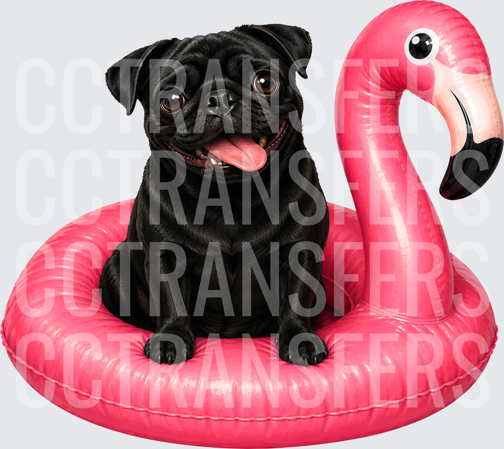 Happy Black Pug Sitting in Pink Flamingo Pool Float (DTF)