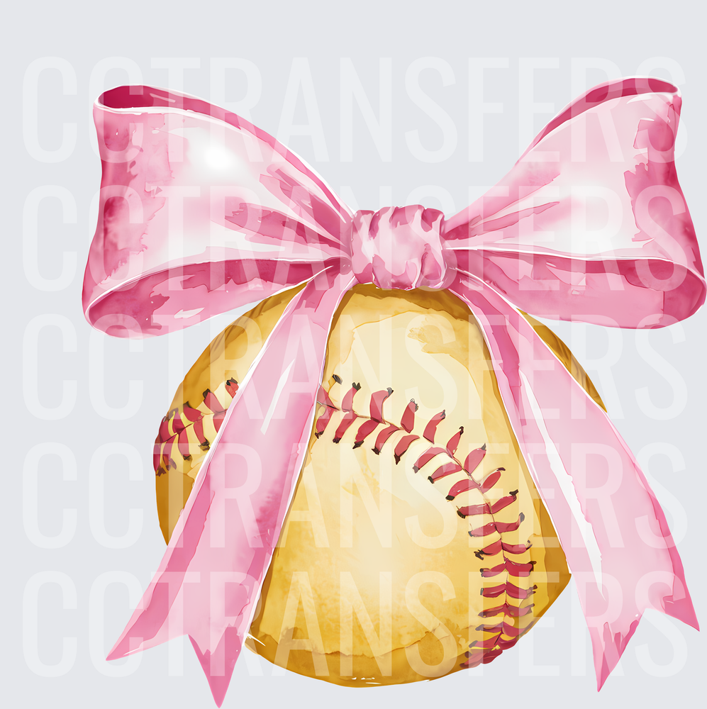Watercolor Softball with Pink Ribbon Bow (DTF)