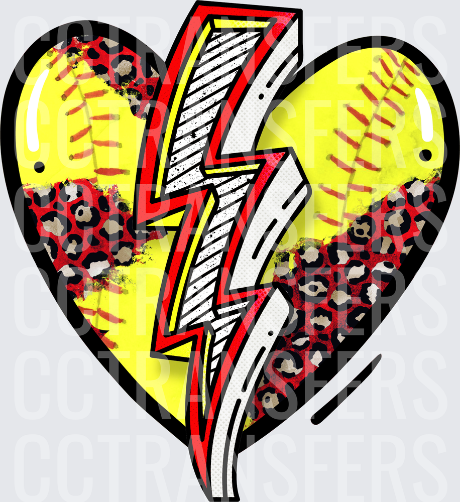 Softball Heart Lightning Bolt Leopard Print (DTF)