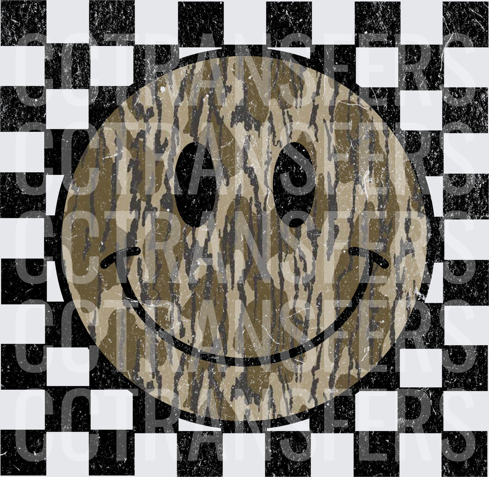 Camo Smiley Face Distressed Checker Background (DTF)