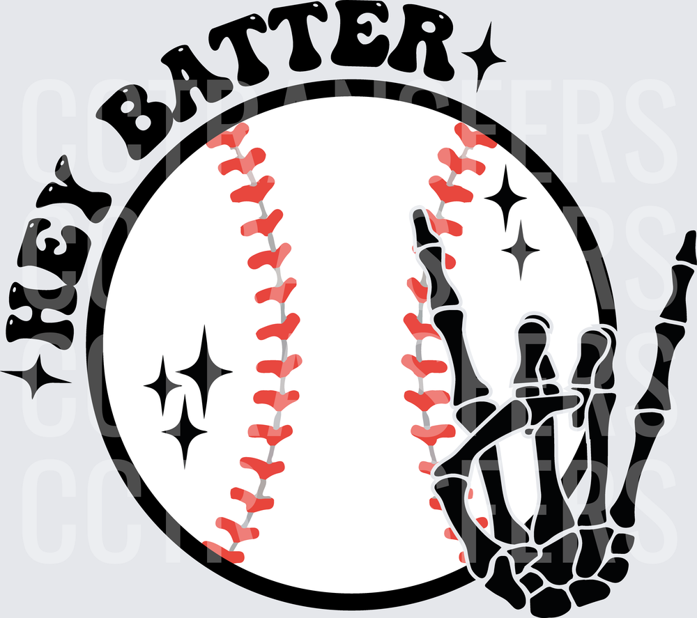 Hey Batter Baseball Skeleton Hand Rock On Sign (DTF)