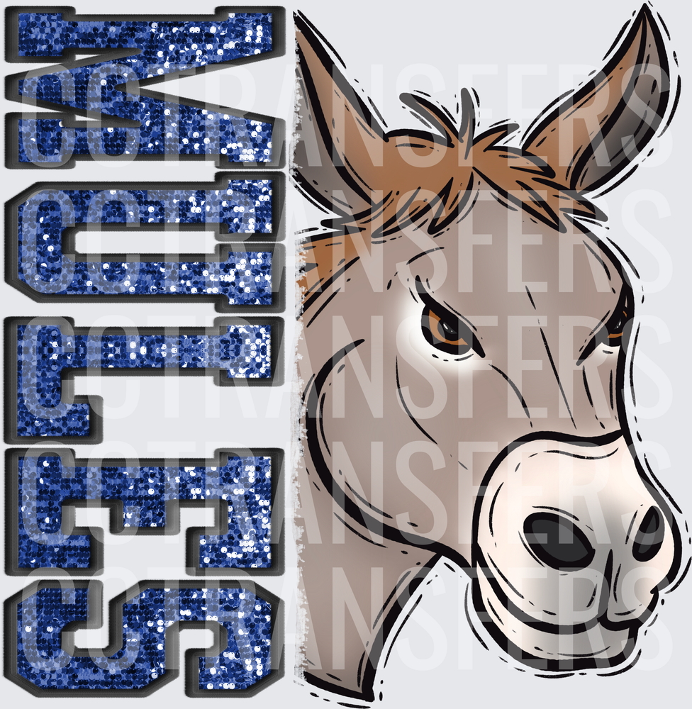 Mules Glitter Blue Sequin Mascot Head (DTF)