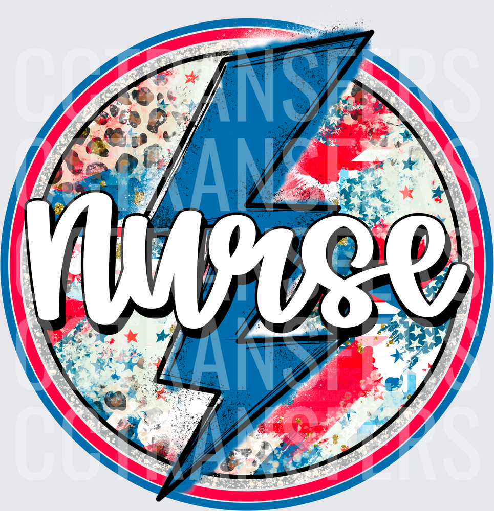 Nurse Patriotic Lightning Bolt Circle Red White Blue (DTF)