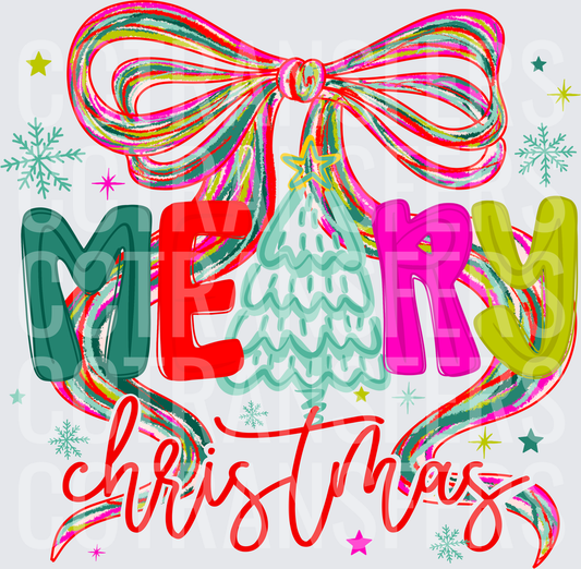 Merry Christmas Colorful Bow Tree Lettering Design (DTF)