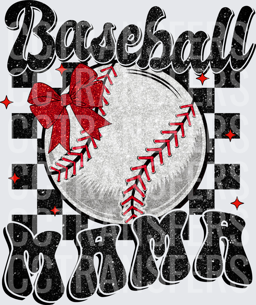 Baseball Mama Glitter Ball Red Bow Checkered (DTF)