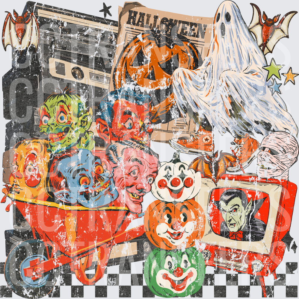 Retro Halloween Collage Monsters Ghost Vampire Bats (DTF)
