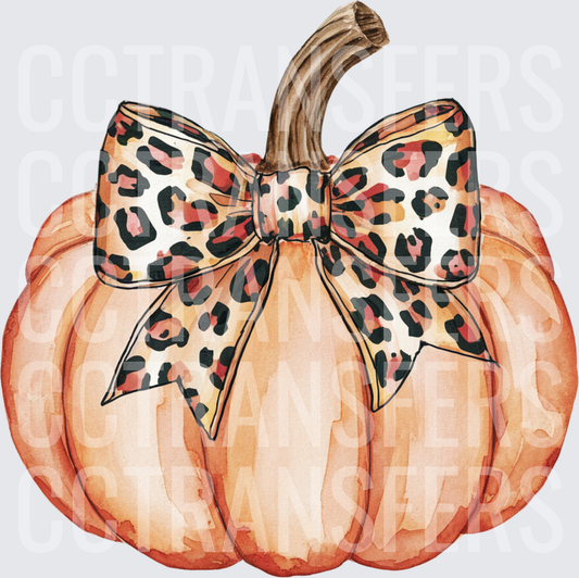 Watercolor Pumpkin with Leopard Print Bow (DTF)