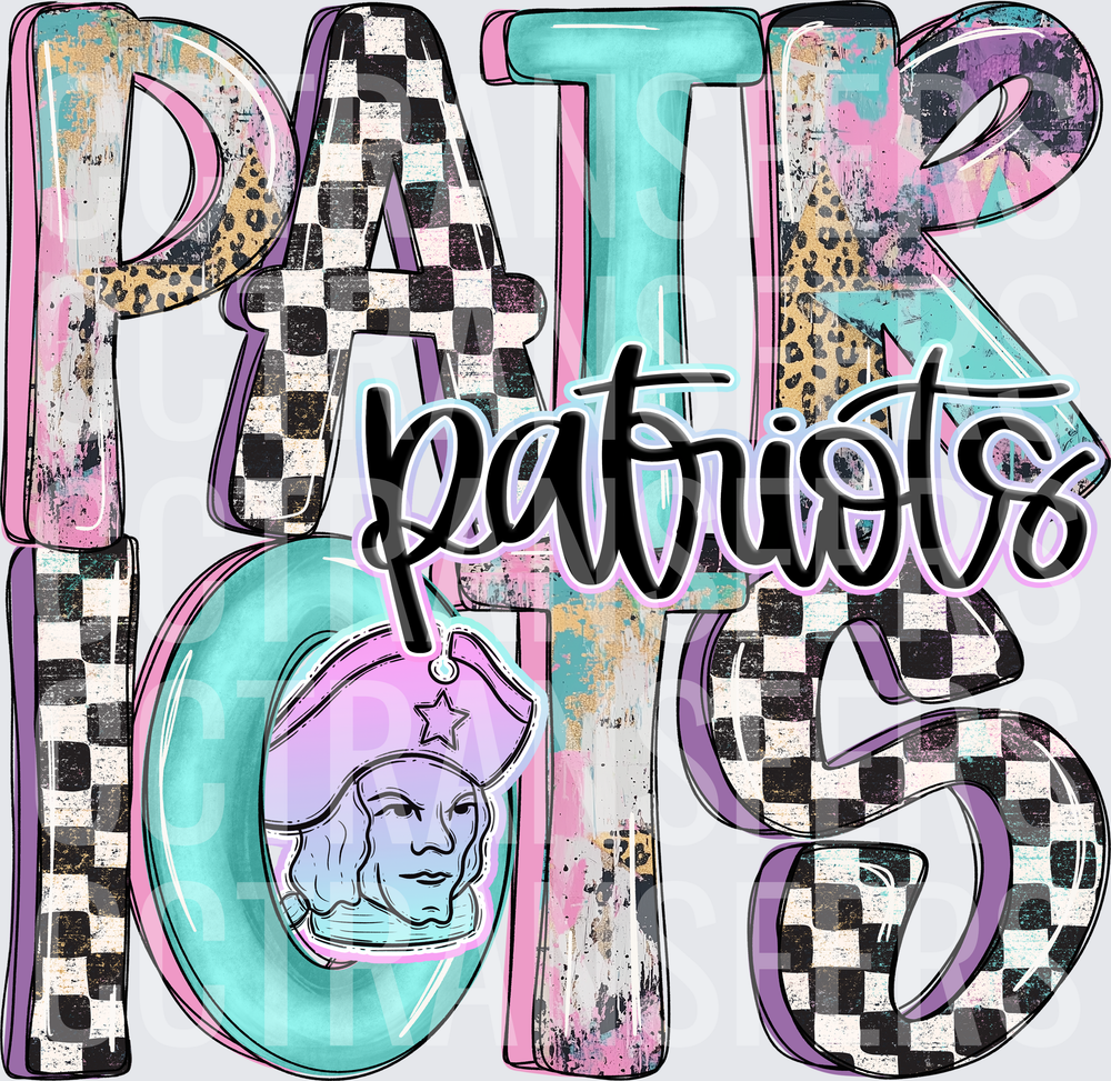 Patriots Mascot Boho Checkered Leopard Grunge Letter Design (DTF)
