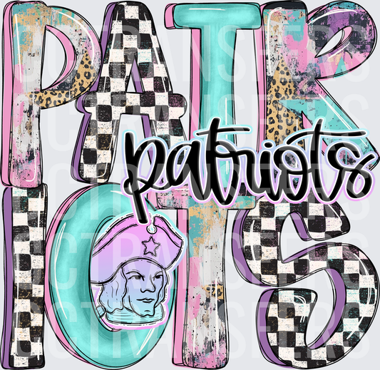 Patriots Mascot Boho Checkered Leopard Grunge Letter Design (DTF)