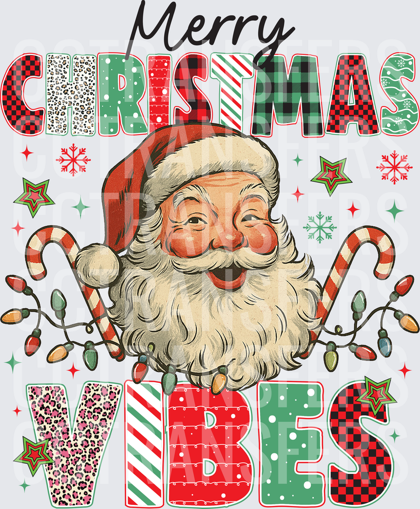 Merry Christmas Vibes Retro Santa Patterned Letters (DTF)