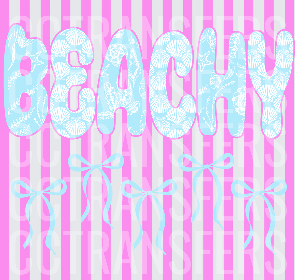 Beachy Seashell Letter Design with Blue Bows on Pink Stripes (DTF)