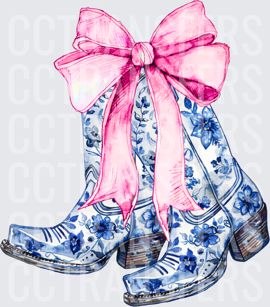 Blue Floral Cowboy Boots with Pink Bow (DTF)