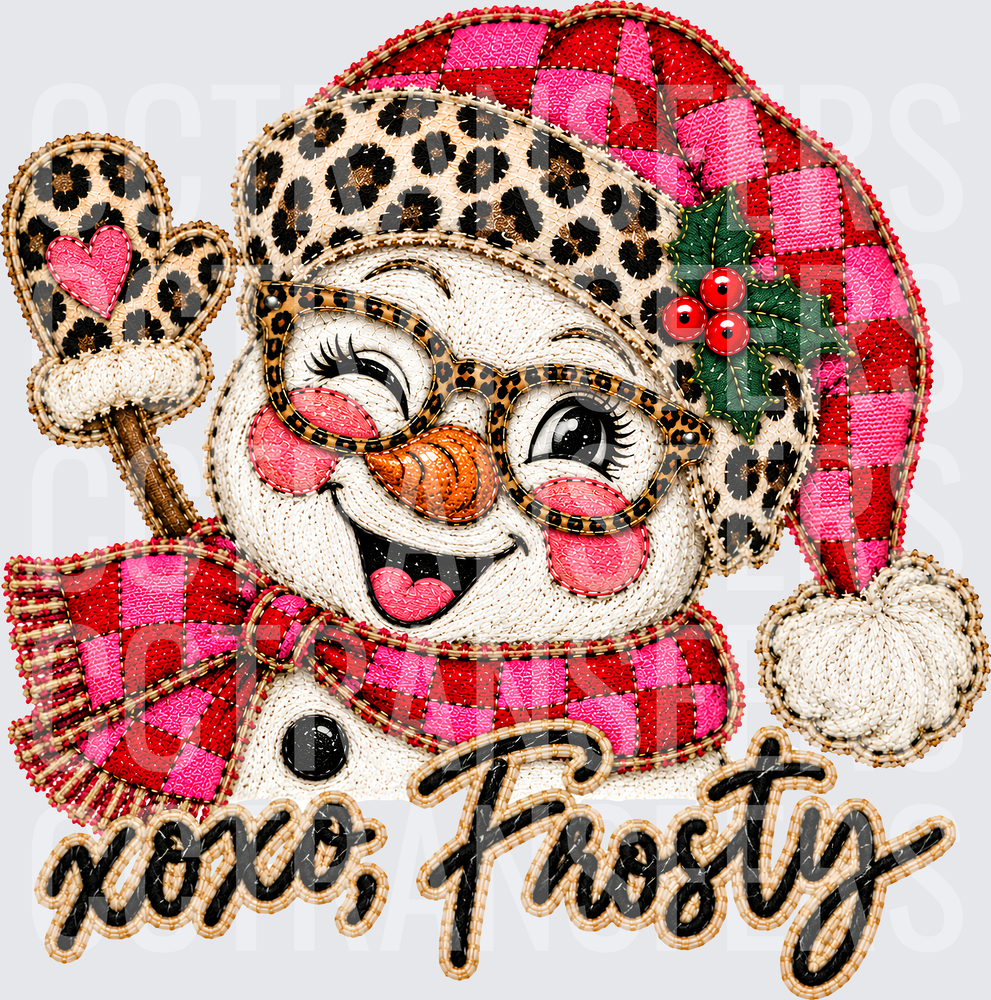 XOXO Frosty Leopard Plaid Snowman Faux Embroidery (DTF)