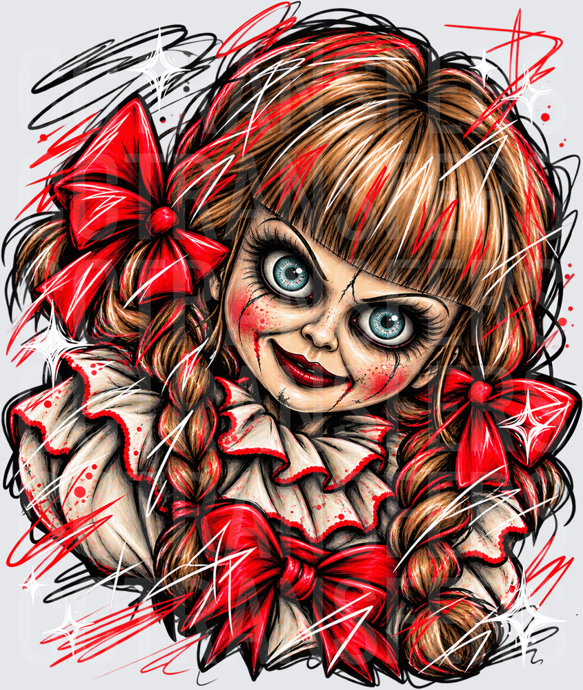Creepy Stitched Doll Red Bows Braids Horror Art (DTF)