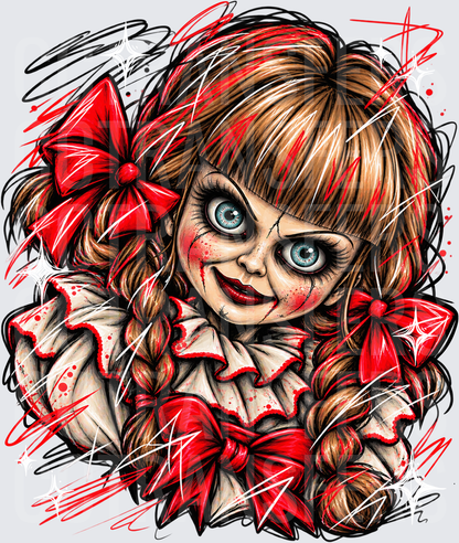 Creepy Stitched Doll Red Bows Braids Horror Art (DTF)