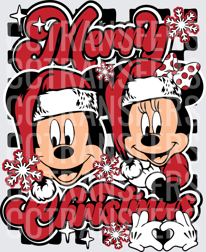Merry Christmas Cartoon Mouse Couple Santa Hats Snowflakes (DTF)