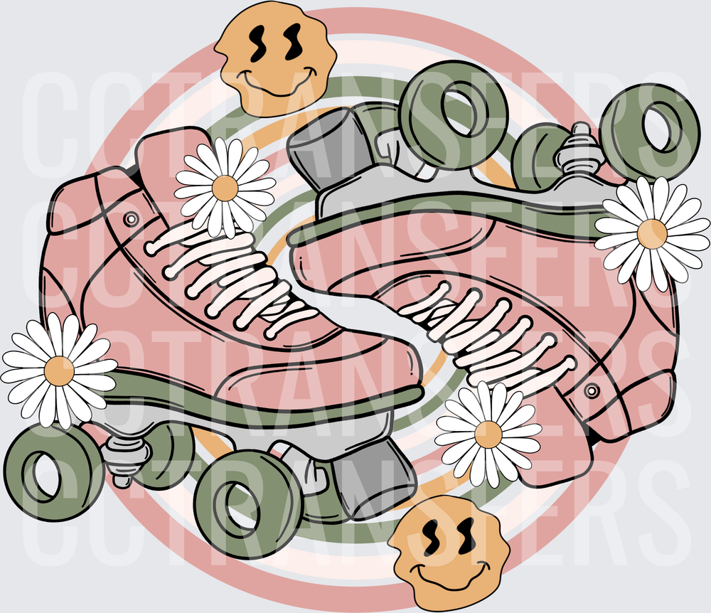 Retro Roller Skates Daisies Smiley Face Swirl (DTF)
