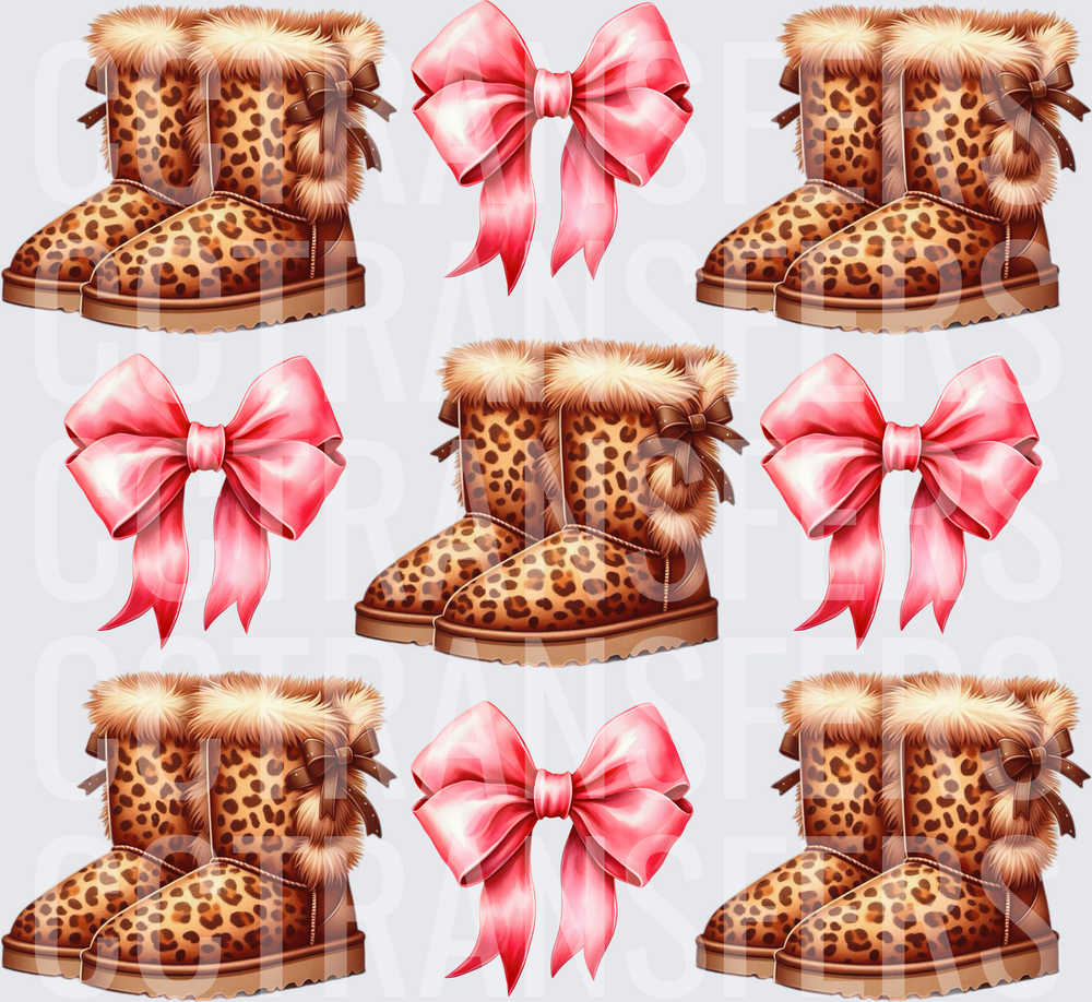 Leopard Print Fur Boots Pink Ribbon Bows Pattern (DTF)