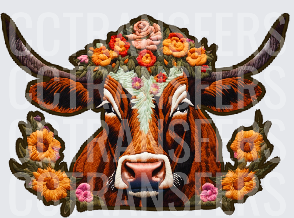 Embroidered Longhorn Cow Floral Crown Sunflowers (DTF)