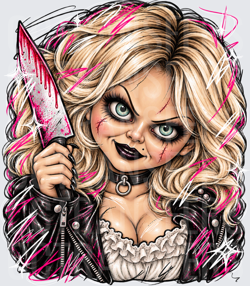 Creepy Blonde Doll Bloody Cleaver Pink Sketch Horror (DTF)