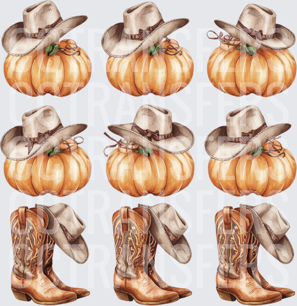 Watercolor Fall Pumpkins Cowboy Boots and Hats Gang Sheet (DTF)