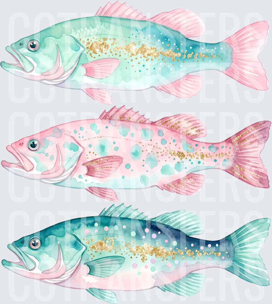 Pastel Pink Teal Gold Glitter Watercolor Bass Fish Trio (DTF)