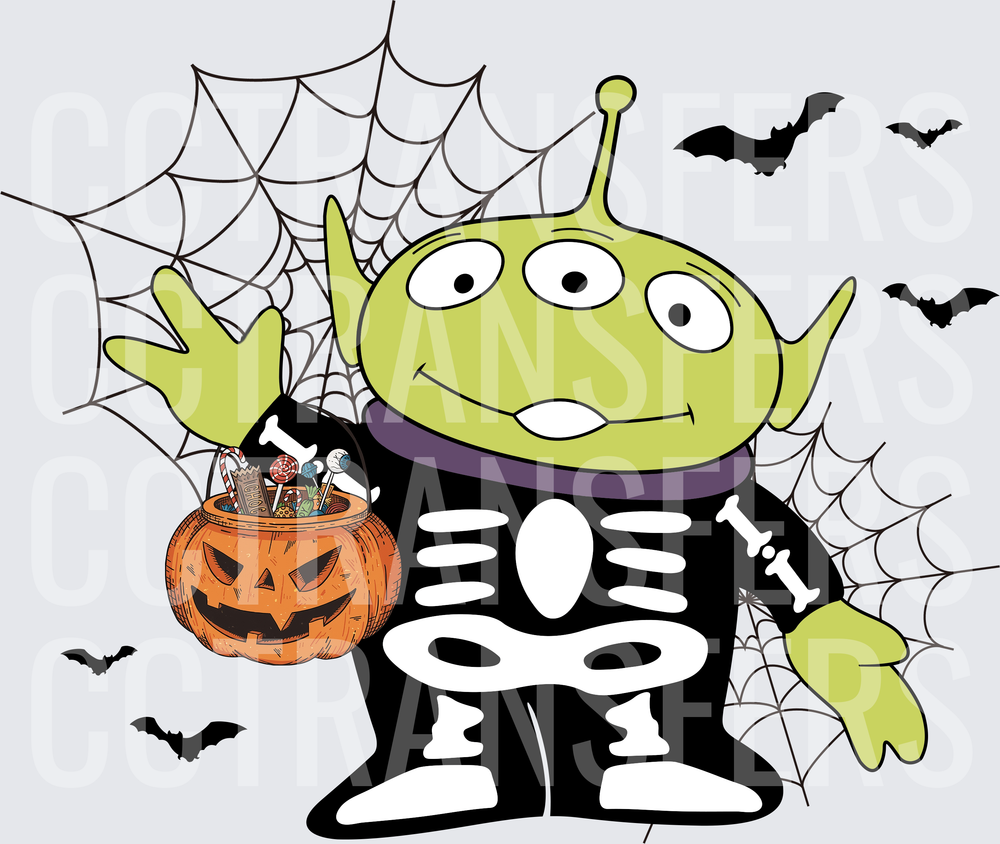 Green Three-Eyed Alien Skeleton Halloween Trick or Treat (DTF)