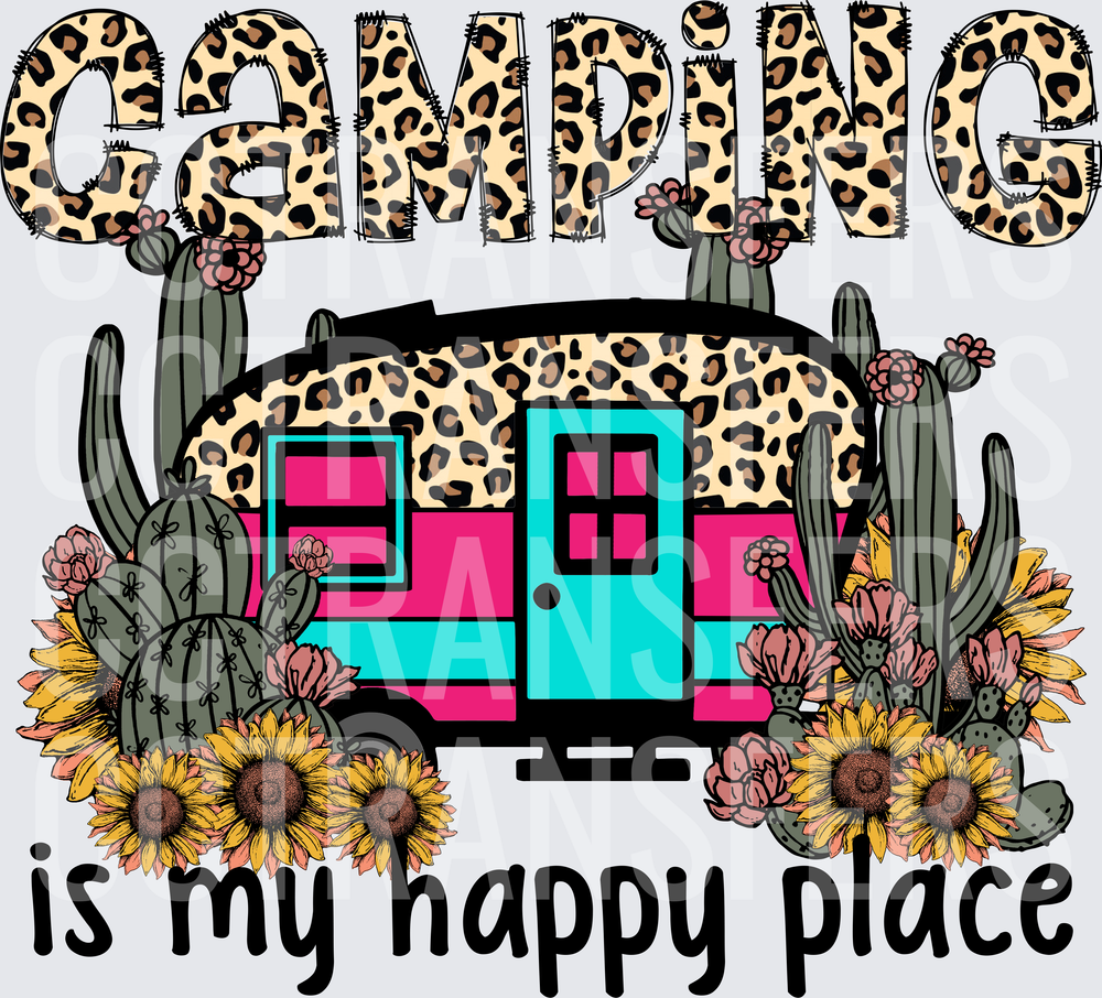 Camping Is My Happy Place Leopard Camper Cactus Sunflower (DTF)