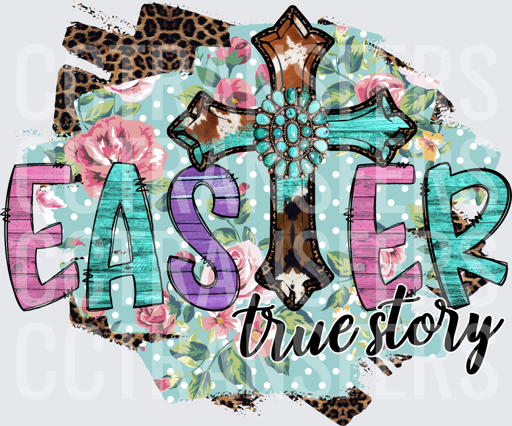 Easter True Story Cross Turquoise Floral Leopard (DTF)