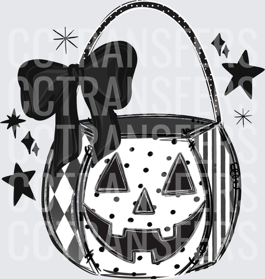 Black and White Jack-O-Lantern Candy Bucket with Bow (DTF)