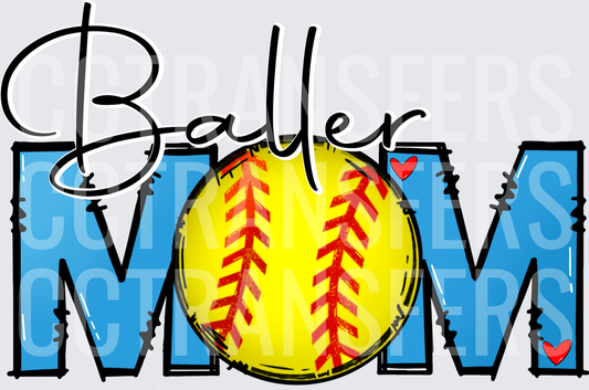 Baller Mom Softball Blue Block Letters Red Hearts (DTF)