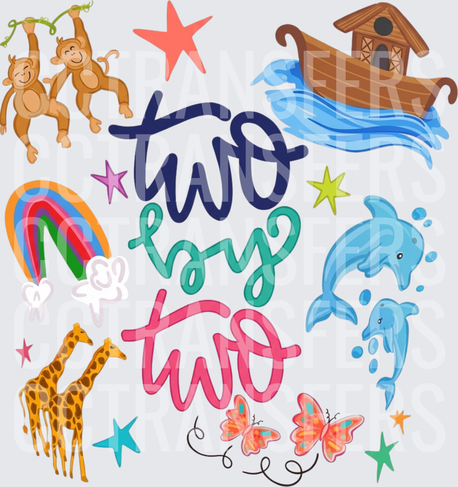 Two By Two Noah's Ark Animals Rainbow Script (DTF)