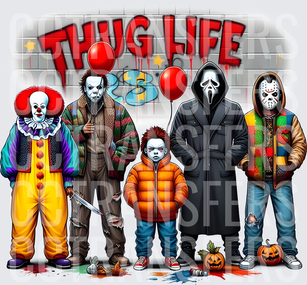 Thug Life Horror Crew Squad with Red Balloons & Pumpkins (DTF)