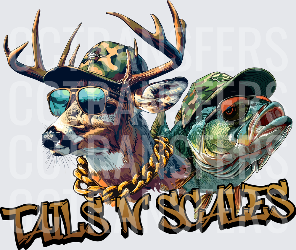 Tails N Scales Cool Buck and Bass Camo Hats Gold Chain (DTF)