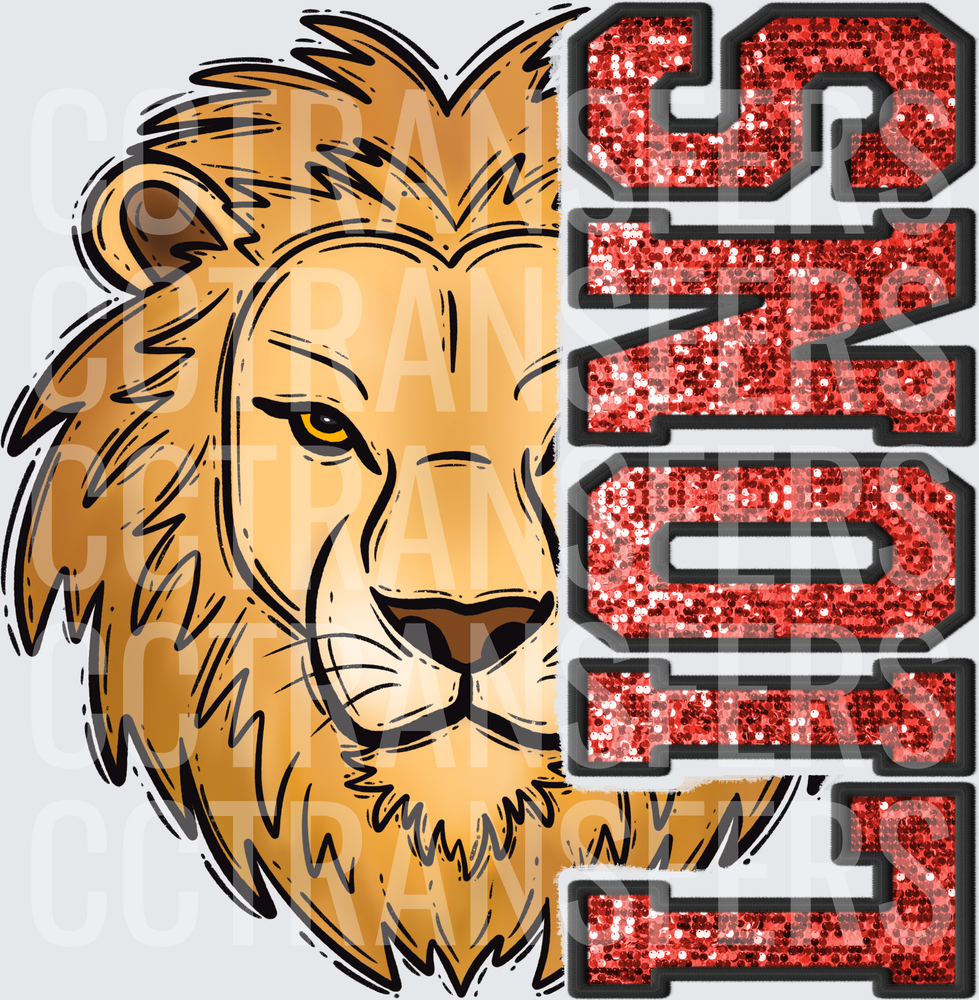 Lions Mascot Head Red Glitter Varsity Letter Spirit (DTF)
