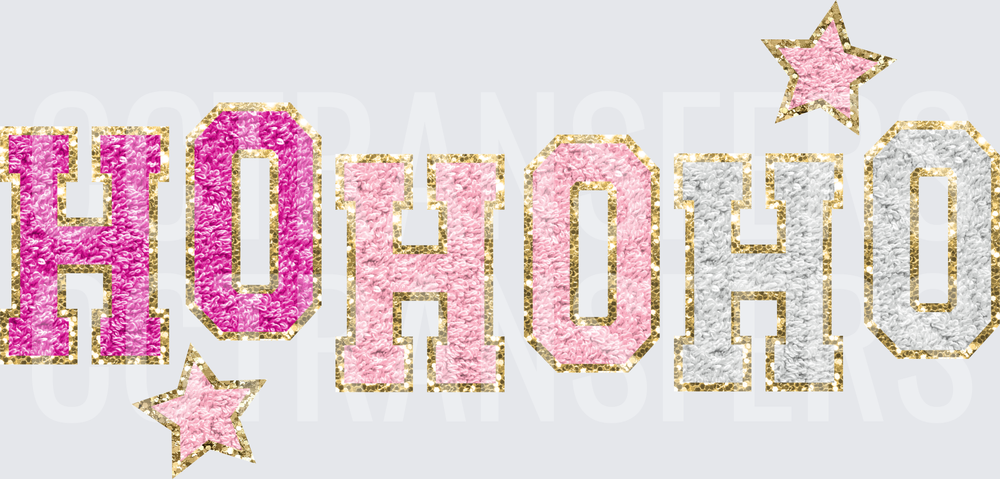 Ho Ho Ho Glitter Varsity Letter Stars Pink Silver Gold (DTF)